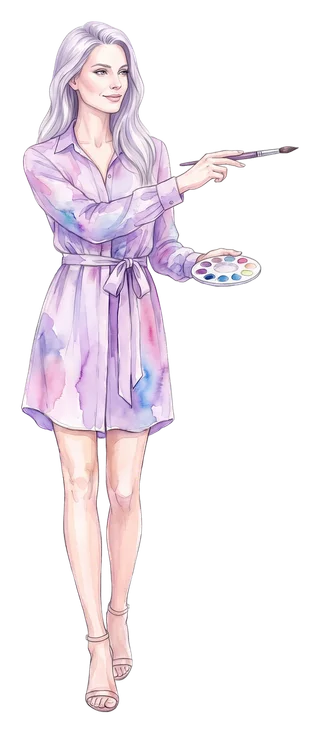 Iris Vale, the site's painted host, points her brush at the card map of Ontario beside her, a palette in her other hand.