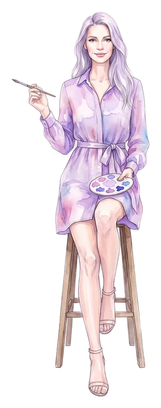 Iris Vale, the site's painted host, sits on a tall stool with a palette and a brush.